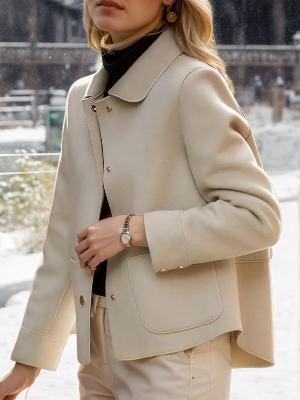 Elegant Beige Gold-Buttoned Short Coat